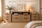 Casanova Furniture & Home Pescara dresser and Venecia nightstand set in light wood with fluted drawers and black handles.