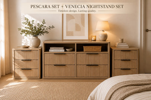 Casanova Furniture & Home Pescara dresser and Venecia nightstand set in light wood with fluted drawers and black handles.